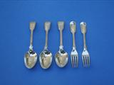 A matched set of five sterling silver fiddle and thread pattern sterling silver dessert spoons and forks