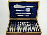 An Antique Victorian English Electroplated and Mother of Pearl Fish and Dessert Service for Six Persons