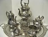 Antique Victorian Sterling Silver Louis Pattern Tea Set Complete With Large Tilting Kettle On Stand
