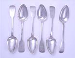 Six George IV Irish fiddle pattern sterling silver tablespoons