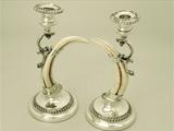 A Fine, Impressive and Unusual Pair of Antique Victorian English Electroplated and Narwhal Tusk Candlesticks