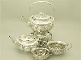 A Fine Antique Edwardian English Sterling Silver Three Piece Tea Service with Matching Spirit Kettle