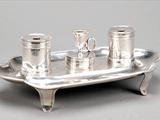A George III silver shaped oblong inkstand