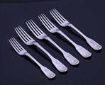 Set of four Victorian fiddle, thread and shell pattern sterling silver table forks
