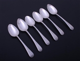 Pretty set of six George III sterling silver Old English with feather edge dessert forks