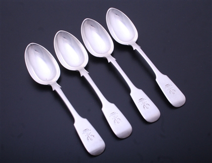 Set of four Victorian fiddle pattern sterling silver dessert spoons