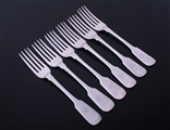 A set of six George III fiddle pattern sterling silver table forks