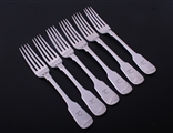 A set of six matched George IV/Victorian fiddle pattern sterling silver table forks