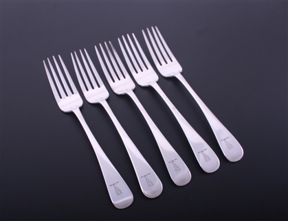 A set of five Scottish George III Old English pattern sterling silver table forks