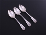 NELSON: Rare set of three George III fiddle pattern sterling silver dessert spoons