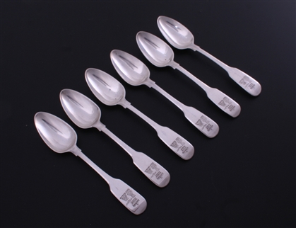 NELSON: Rare set of six of George III fiddle pattern sterling silver tea spoons
