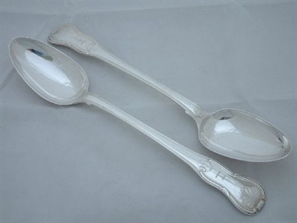 A pair crested Goerge III silver Kings hourglass stuffing spoons London 1805 Eley & Fearn