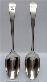 Pair Antique hallmarked George III Sterling Silver Old English pattern Table Spoons 1780