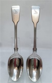 A Pair of Antique Victorian hallmarked Sterling Silver Victorian Fiddle Pattern Dessert Spoons 1855