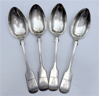 Set Four Antique hallmarked Sterling Silver Victorian Fiddle Pattern Tea Spoons 1877