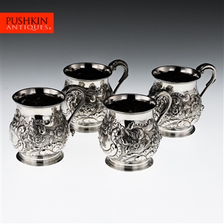 ANTIQUE 19thC RARE SET OF 4 GEORGIAN SOLID SILVER MUGS, LONDON c.1824