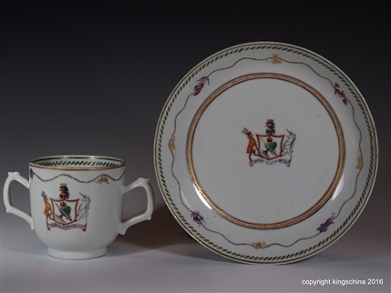 Chinese Armorial Porcelain Chocolate Cup & Saucer MACGREGOR Family Coat of Arms Crest Clan