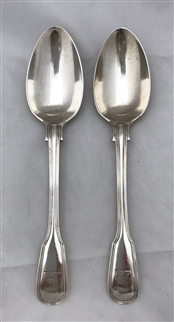 Antique Sterling Silver Victorian Pair of Fiddle and Thread Dessert Spoons 1853