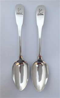 Pair Antique Irish Silver George III Silver Fiddle Pattern Tablespoons 1798