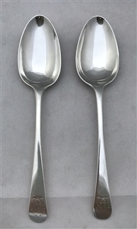 Pair Antique George III Scottish Sterling Silver Old English Pattern Dessert Spoons 1781