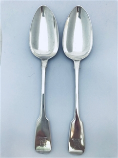 Pair Antique William IV Sterling Silver Hallmarked Fiddle Pattern Table spoons, 1836