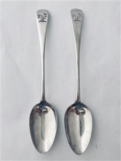 Antique pair of George III Sterling silver old English pattern dessert spoons Glasgow 1780c
