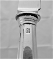 Good crested set of 12+12 pistol handled George II silver dinner & dessert knives C1740
