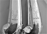 Good crested set of 12+12 pistol handled George II silver dinner & dessert knives C1740
