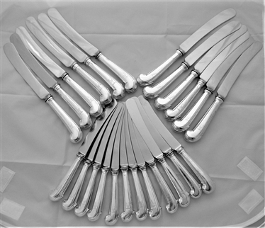 Good crested set of 12+12 pistol handled George II silver dinner & dessert knives C1740