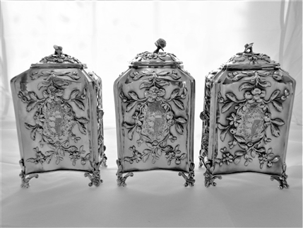 Wonderful set 3 crested & armorial George III silver caddies London 1766/6 Vere & Lutwyche