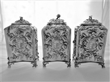 Wonderful set 3 crested & armorial George III silver caddies London 1766/6 Vere & Lutwyche