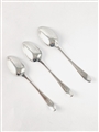 A fine set of three Antique hallmarked sterling silver old english pattern dessert spoons by Hester Bateman 1882