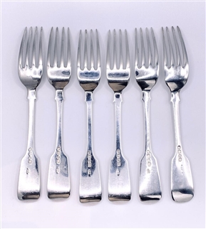 Set six Victorian hallmarked sterling silver fiddle pattern table forks by George Adams