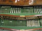 English Sterling Silver Flatware Service Fitted In Original Table Furniture. Bead Or Pearl Design