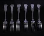 A rare matched set of six King's shape double threaded pattern sterling silver table forks