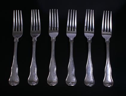 A rare matched set of six King's shape double threaded pattern sterling silver table forks