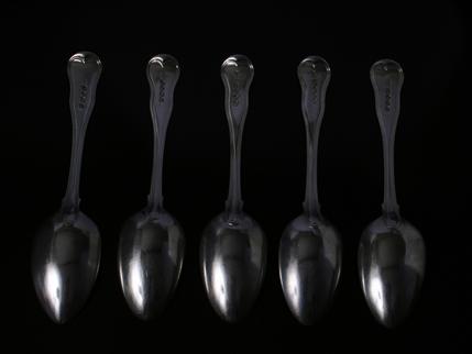 Matched set of five Military Thread pattern sterling silver dessert spoons