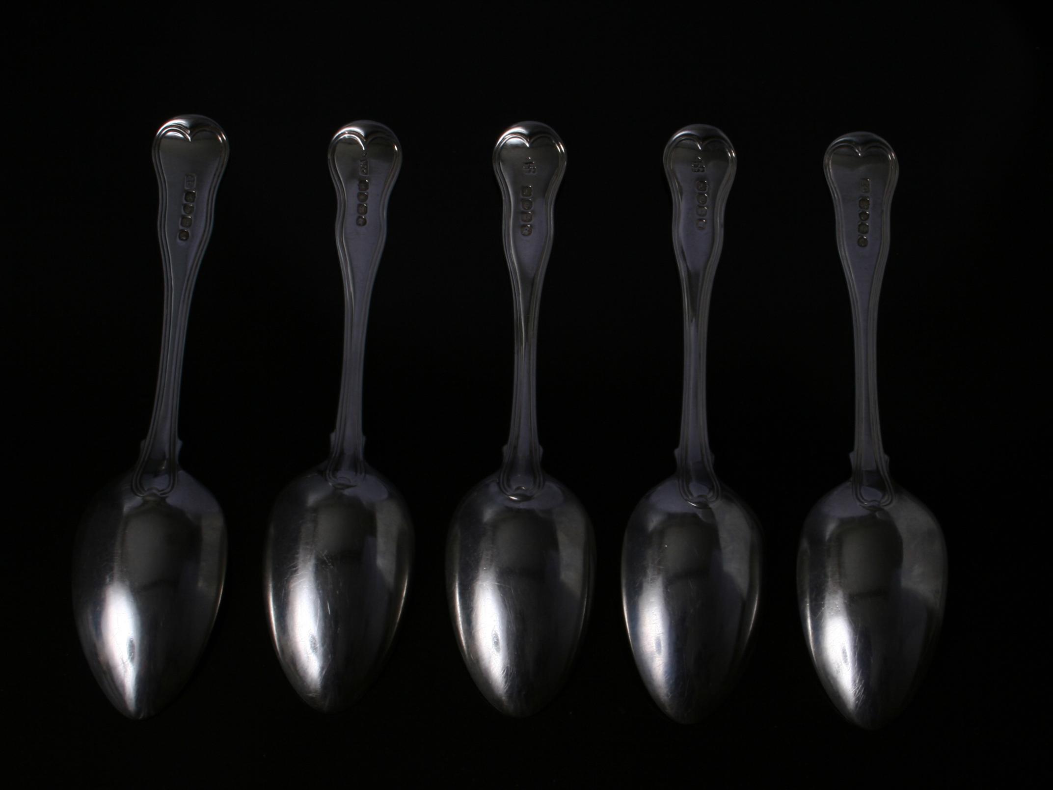 Matched set of five Military Thread pattern sterling silver dessert