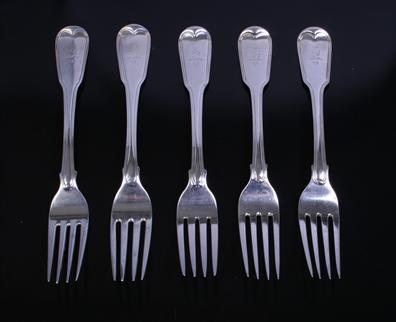 A matched collection of fiddle and thread pattern sterling silver table forks