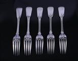 A matched collection of fiddle and thread pattern sterling silver table forks