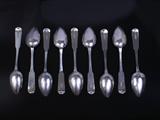 Nine George III Scottish fiddle pattern sterling silver dessert spoons