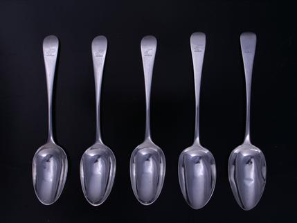 Five George III Old English pattern sterling silver table spoons