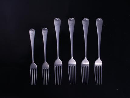 Six Edwardian Old English pattern sterling silver forks