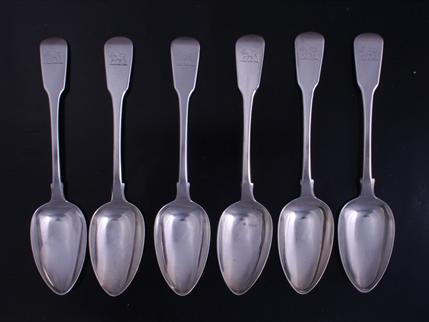 Set of six Regency fiddle pattern sterling silver table spoons