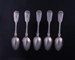 A set of five Victorian fiddle pattern sterling silver dessert spoons