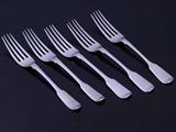 Five antique silver dessert forks