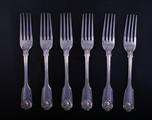 Six Victorian fiddle, thread and shell pattern sterling silver forks