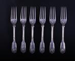 Six Victorian fiddle, thread and shell pattern sterling silver forks