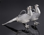 Pair of lifesize sterling silver and glass Pheasant claret jugs