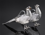 Pair of lifesize sterling silver and glass Pheasant claret jugs